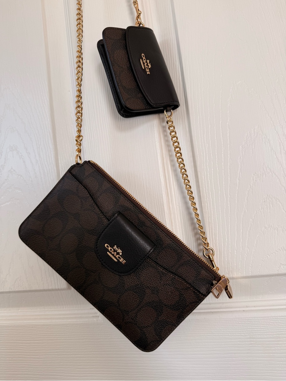 Coach Dark Brown Signature Crossbody Wallet with Gold Chain